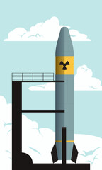a nuclear missile stands on a launch platform against a blue sky with clouds, the power of modern weapons, a danger to the whole world