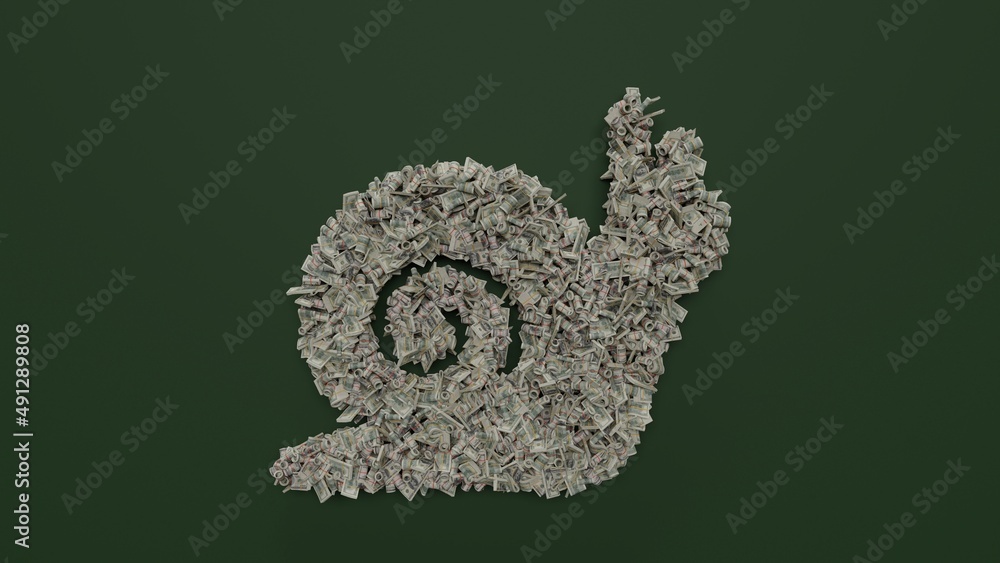 Poster 3d rendering of dollar cash rolls and stacks in shape of symbol of snail on green background