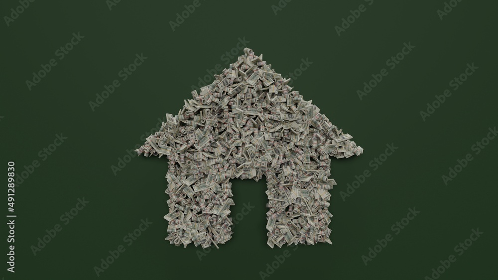 Poster 3d rendering of dollar cash rolls and stacks in shape of symbol of home button on green background