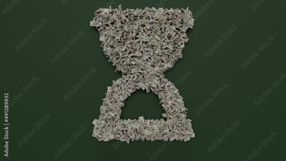 Poster 3d rendering of dollar cash rolls and stacks in shape of symbol of hourglass start on green backgrou
