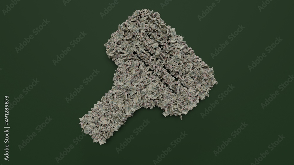 Poster 3d rendering of dollar cash rolls and stacks in shape of symbol of razor on green background