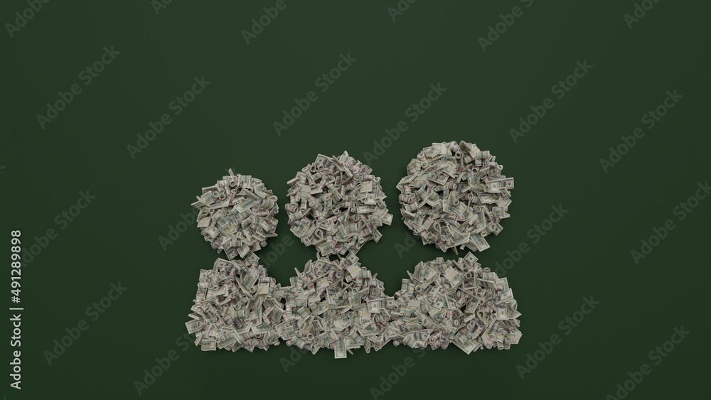 Poster 3d rendering of dollar cash rolls and stacks in shape of symbol of social myspace on green backgroun