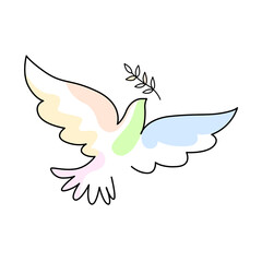 Flying bird as a symbol of peace. Colored dove linear. No war concept. Vector