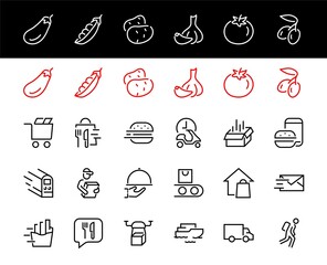 PIZZA DELIVERY, and Food Icon Set Vector thin line, contains courier, home delivery, food ordering, fast transport, drone, ship, car, editable stroke. ICONS circuits