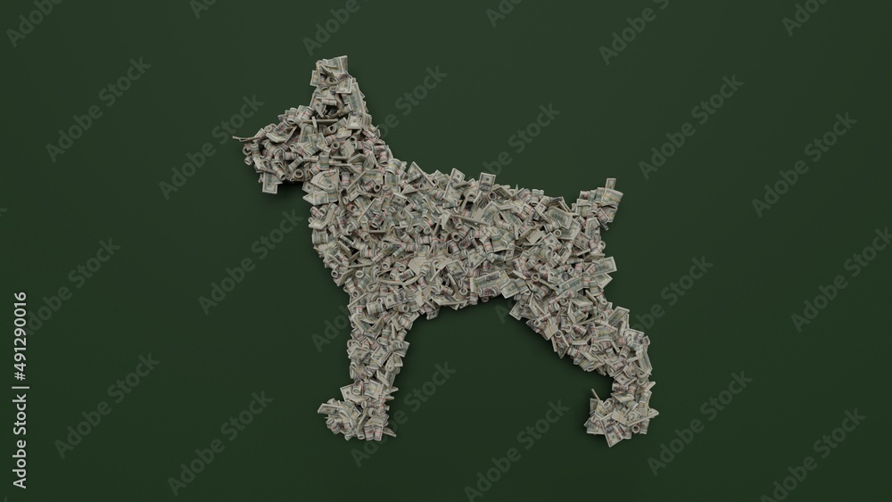 Poster 3d rendering of dollar cash rolls and stacks in shape of symbol of dog on green background