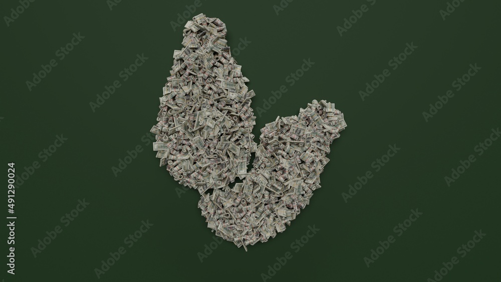 Poster 3d rendering of dollar cash rolls and stacks in shape of symbol of sesame on green background