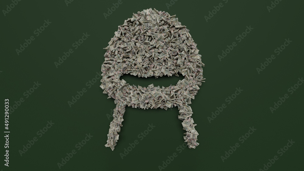 Poster 3d rendering of dollar cash rolls and stacks in shape of symbol of design chair on green background