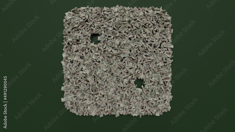 Poster 3d rendering of dollar cash rolls and stacks in shape of symbol of dice two on green background