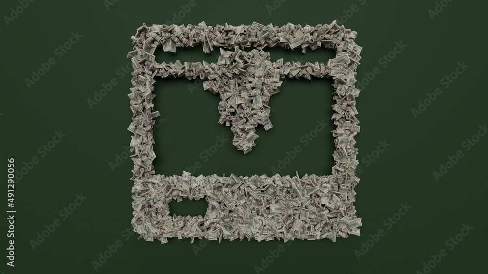 Poster 3d rendering of dollar cash rolls and stacks in shape of symbol of 3d printer on green background