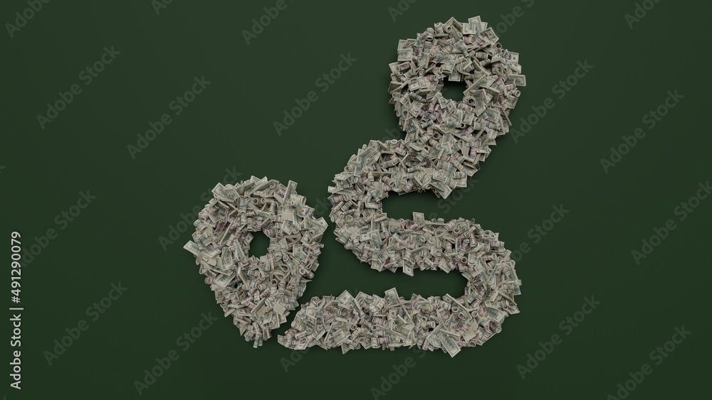 Poster 3d rendering of dollar cash rolls and stacks in shape of symbol of route on green background