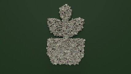 3d rendering of dollar cash rolls and stacks in shape of symbol of plant on green background