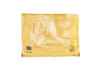 Yellow postal paper envelope or bag isolated on white background. Plastic parcel in online stores 