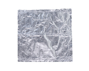 Piece of silver crumpled aluminum foil isolated on white background. Background surface decoration background. 