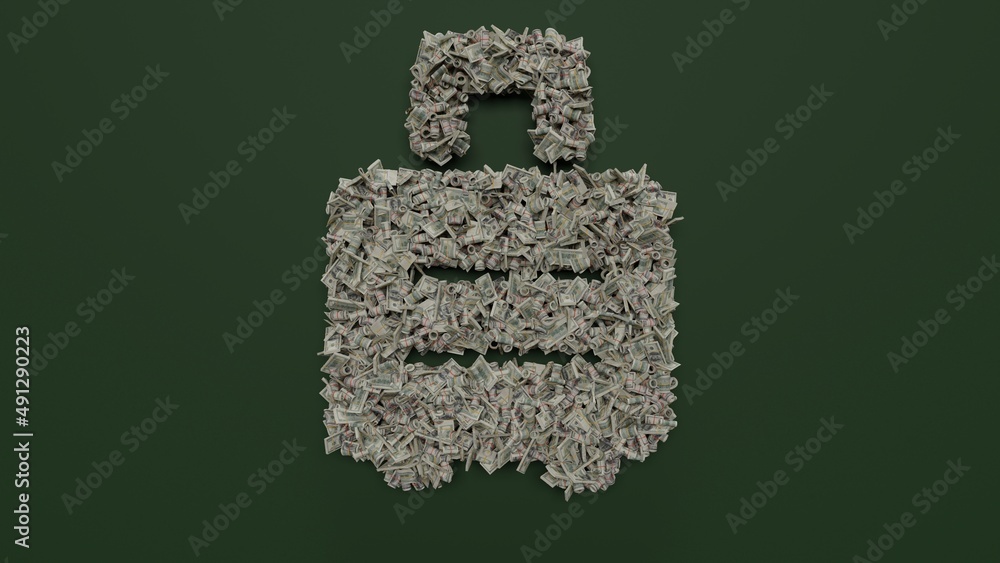 Poster 3d rendering of dollar cash rolls and stacks in shape of symbol of suitcase rolling on green backgro