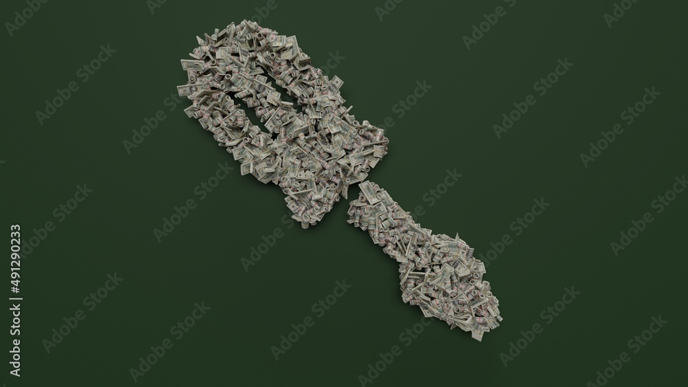 Poster 3d rendering of dollar cash rolls and stacks in shape of symbol of screwdriver on green background
