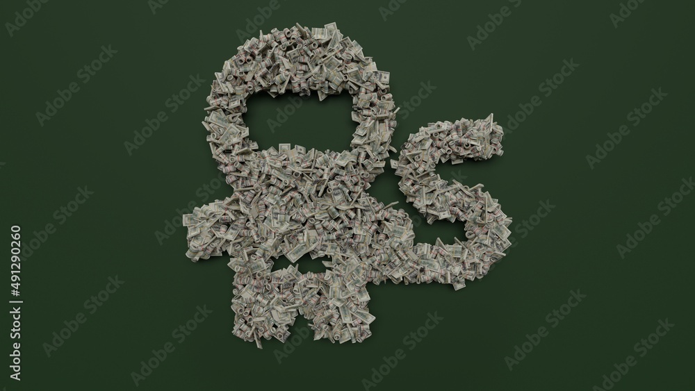 Poster 3d rendering of dollar cash rolls and stacks in shape of symbol of astronaut on green background