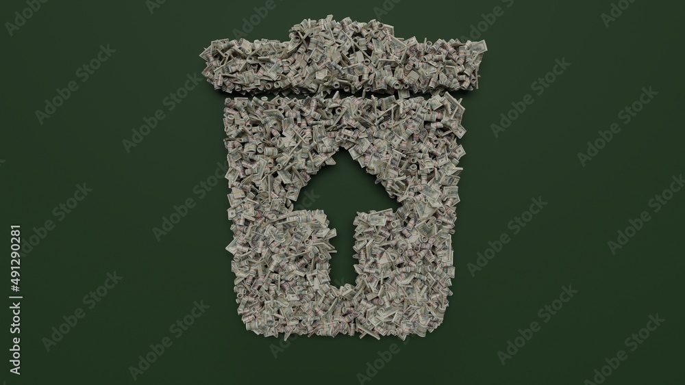 Poster 3d rendering of dollar cash rolls and stacks in shape of symbol of trash restore on green background