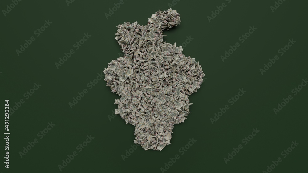 Aufkleber 3d rendering of dollar cash rolls and stacks in shape of symbol of grape on green background