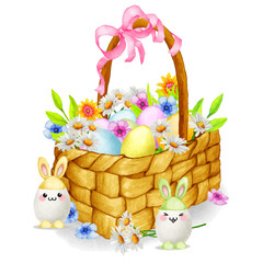 illustration of easter basket with flowers and cute eggs