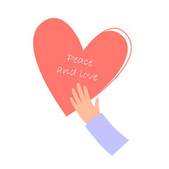 The hand holds the heart. Peace and love. No war concept. Unity, freedom and world peace. Vector