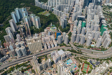 Drone fly over Hong Kong city