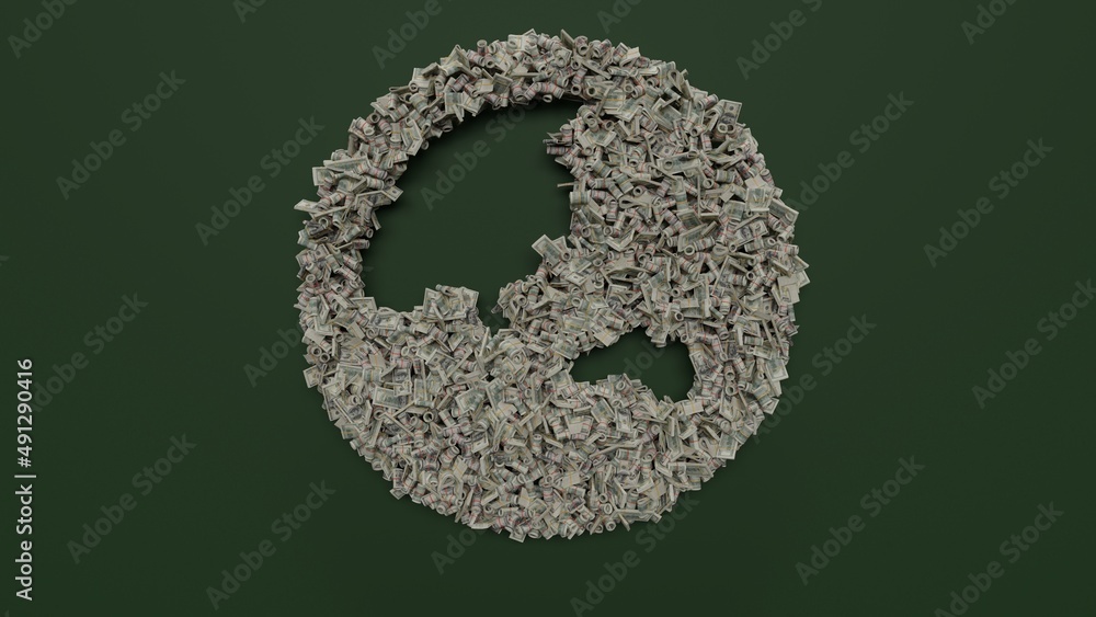 Poster 3d rendering of dollar cash rolls and stacks in shape of symbol of globe asia on green background