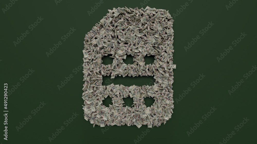 Poster 3d rendering of dollar cash rolls and stacks in shape of symbol of sim card on green background