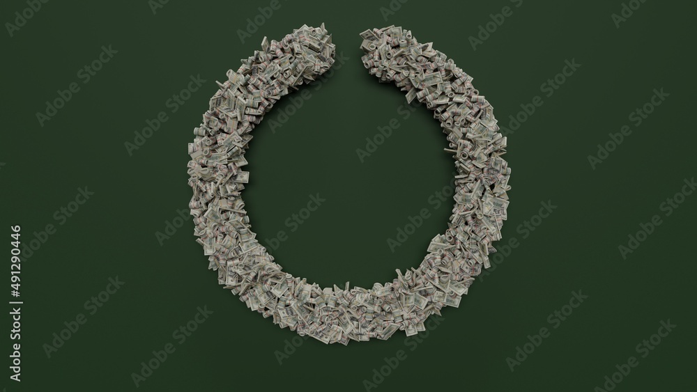 Poster 3d rendering of dollar cash rolls and stacks in shape of symbol of circle notch on green background
