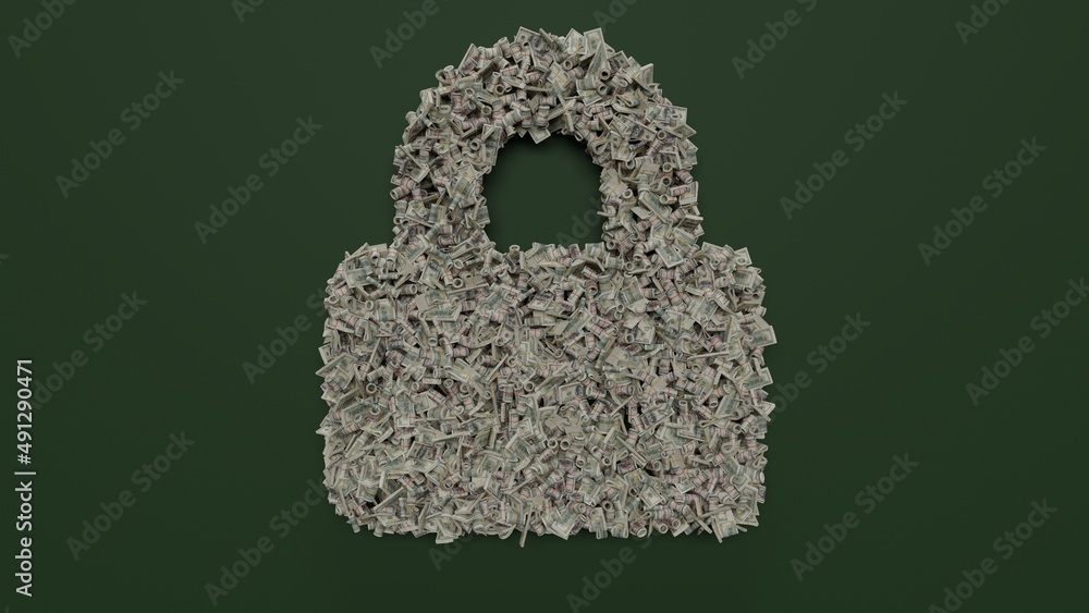 Poster 3d rendering of dollar cash rolls and stacks in shape of symbol of lock on green background