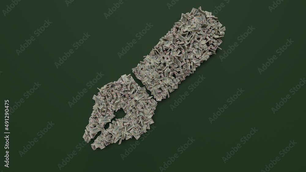 Poster 3d rendering of dollar cash rolls and stacks in shape of symbol of pen fancy on green background