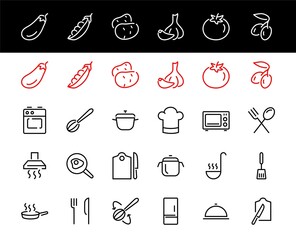 Set of cooking and kitchen icons, Vector lines, contains icons such as frying pan, frying, microwave, fork with spoon, Editable stroke, perfect 480x480 pixels, white background.