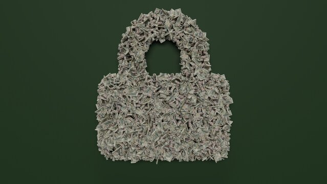3d rendering of dollar cash rolls and stacks in shape of symbol of lock on green background