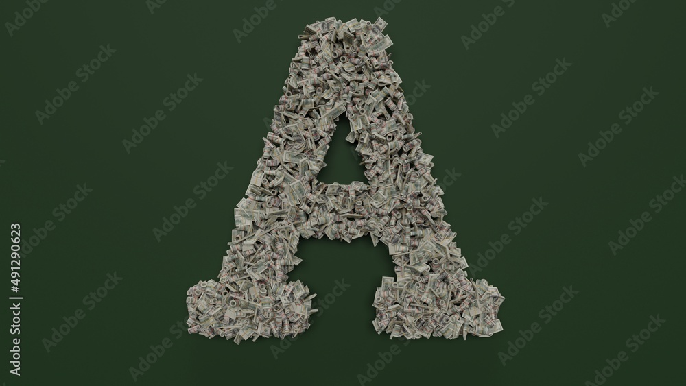 Poster 3d rendering of dollar cash rolls and stacks in shape of symbol of font on green background