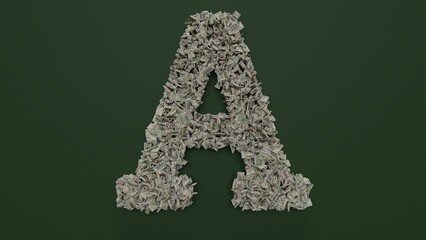 3d rendering of dollar cash rolls and stacks in shape of symbol of font on green background