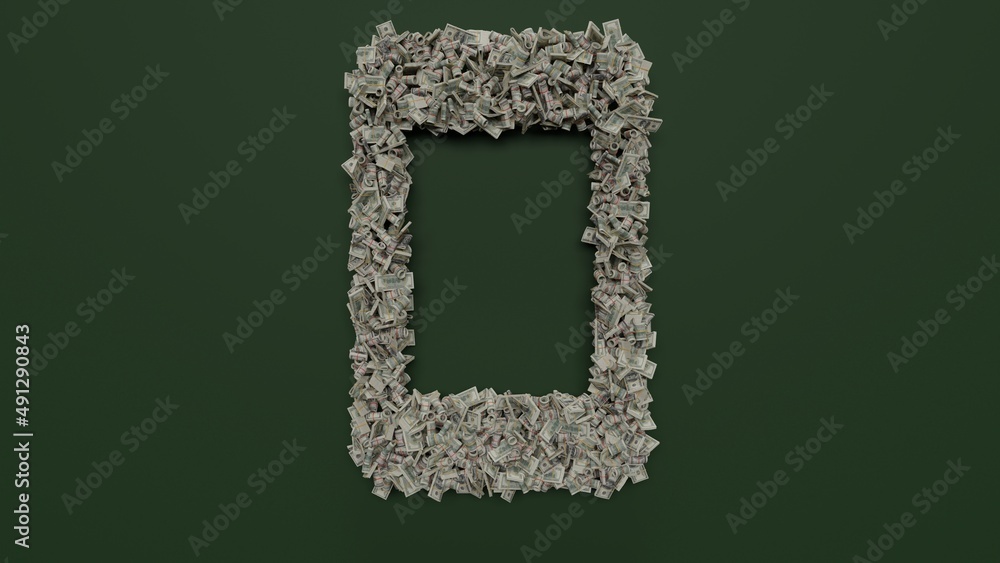 Poster 3d rendering of dollar cash rolls and stacks in shape of symbol of technology on green background