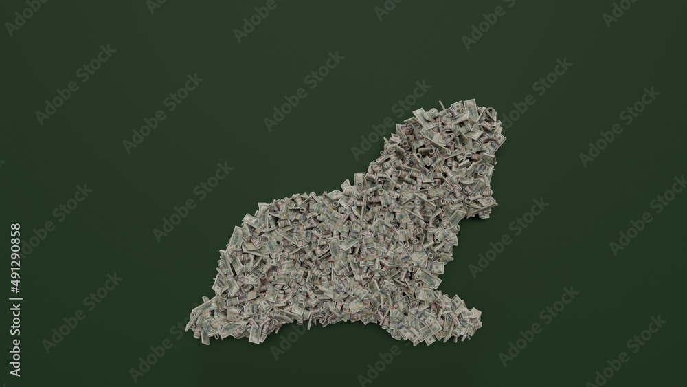 Poster 3d rendering of dollar cash rolls and stacks in shape of symbol of walrus on green background