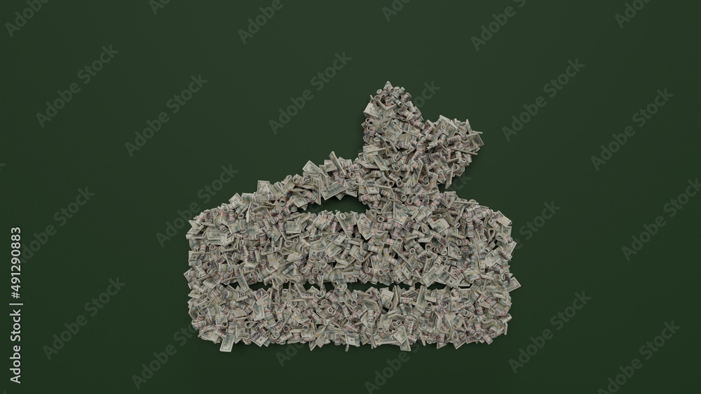 Poster 3d rendering of dollar cash rolls and stacks in shape of symbol of cake on green background