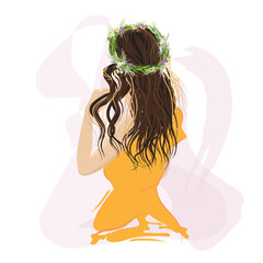 Young girl with long wavy hair with a flower wreath on her head. Bright yellow dress. Vector illustration