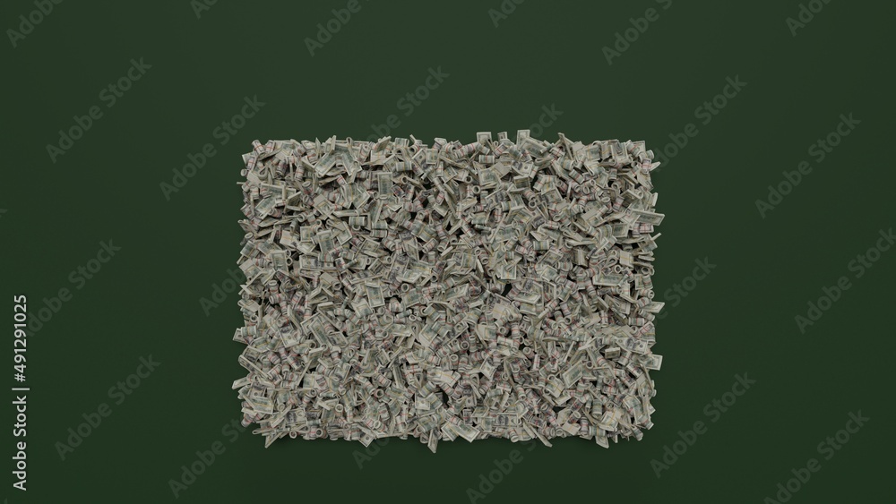 Poster 3d rendering of dollar cash rolls and stacks in shape of symbol of paper close envelope on green bac