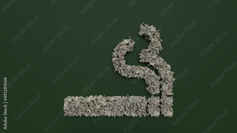 Poster 3d rendering of dollar cash rolls and stacks in shape of symbol of smoking on green background