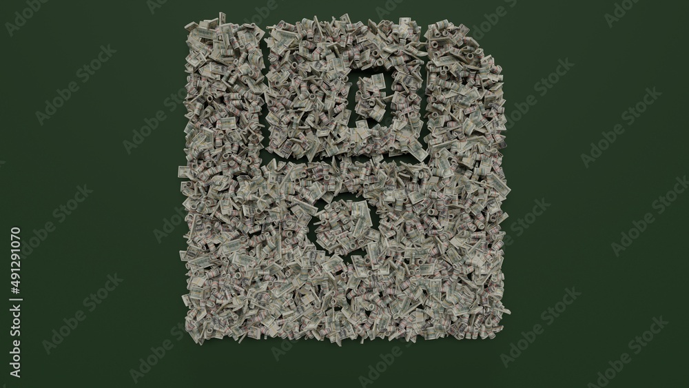 Poster 3d rendering of dollar cash rolls and stacks in shape of symbol of diskette on green background