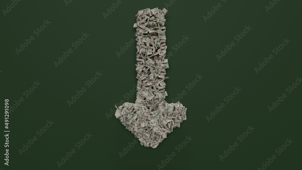 Poster 3d rendering of dollar cash rolls and stacks in shape of symbol of long arrow down on green backgrou