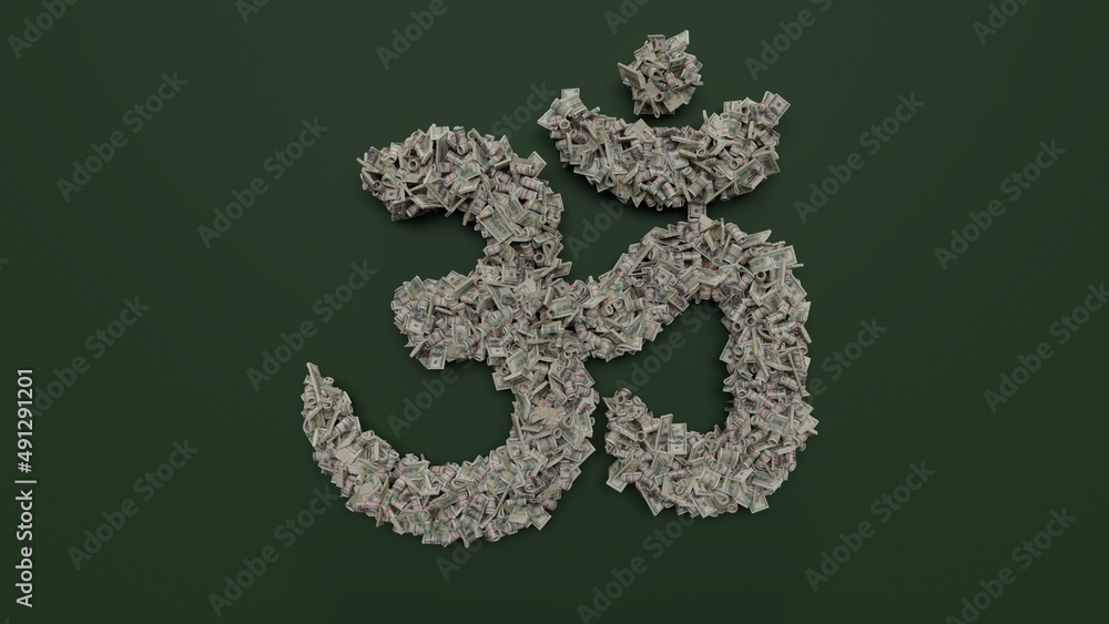 Poster 3d rendering of dollar cash rolls and stacks in shape of symbol of om on green background