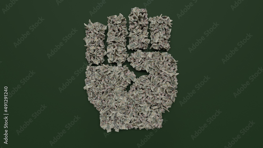Poster 3d rendering of dollar cash rolls and stacks in shape of symbol of fist raised on green background