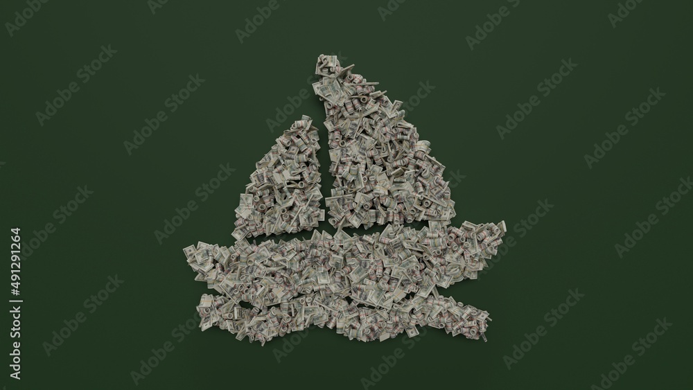 Poster 3d rendering of dollar cash rolls and stacks in shape of symbol of sailboat on green background