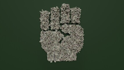 3d rendering of dollar cash rolls and stacks in shape of symbol of fist raised on green background