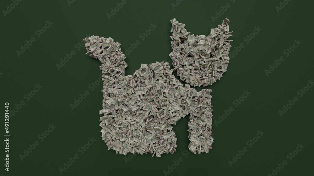Poster 3d rendering of dollar cash rolls and stacks in shape of symbol of cat on green background