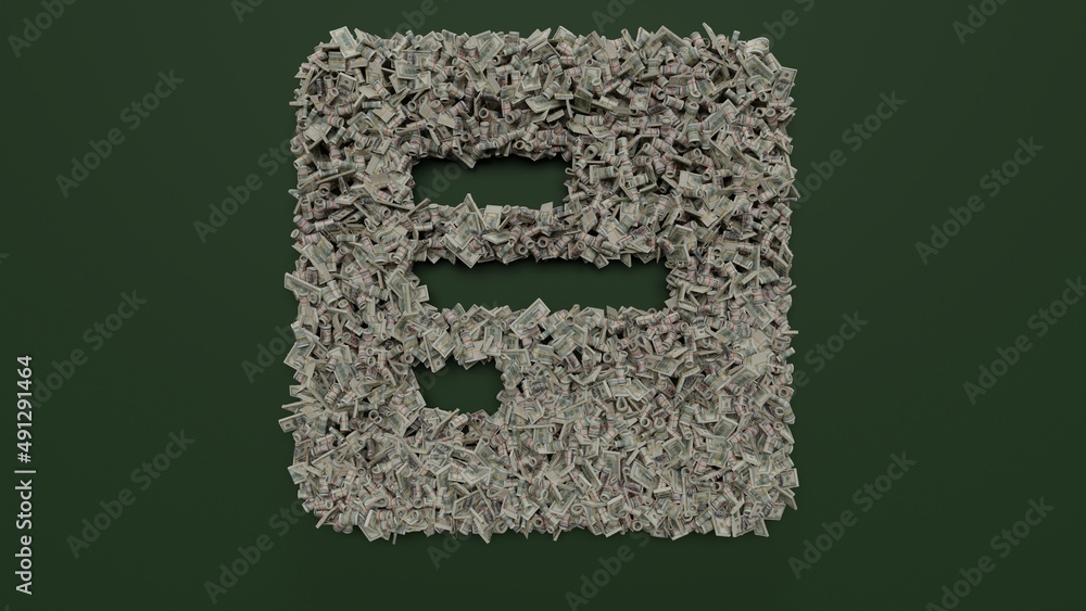 Poster 3d rendering of dollar cash rolls and stacks in shape of symbol of poll on green background