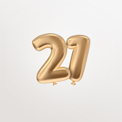 21 age celebration isolated word floating balloon style typography text with golden realistic color