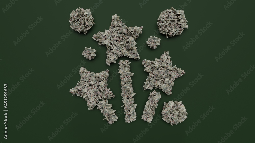 Poster 3d rendering of dollar cash rolls and stacks in shape of symbol of fireworks on green background